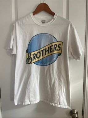Port and Company White Tee with Blue and Gold 'Brothers' Graphic